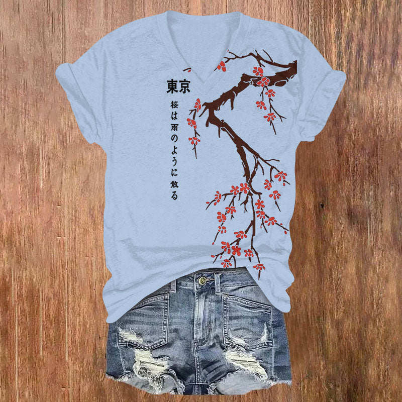Comstylish Tokyo Japanese Cherry Blossoms Print V-Neck T-Shirt