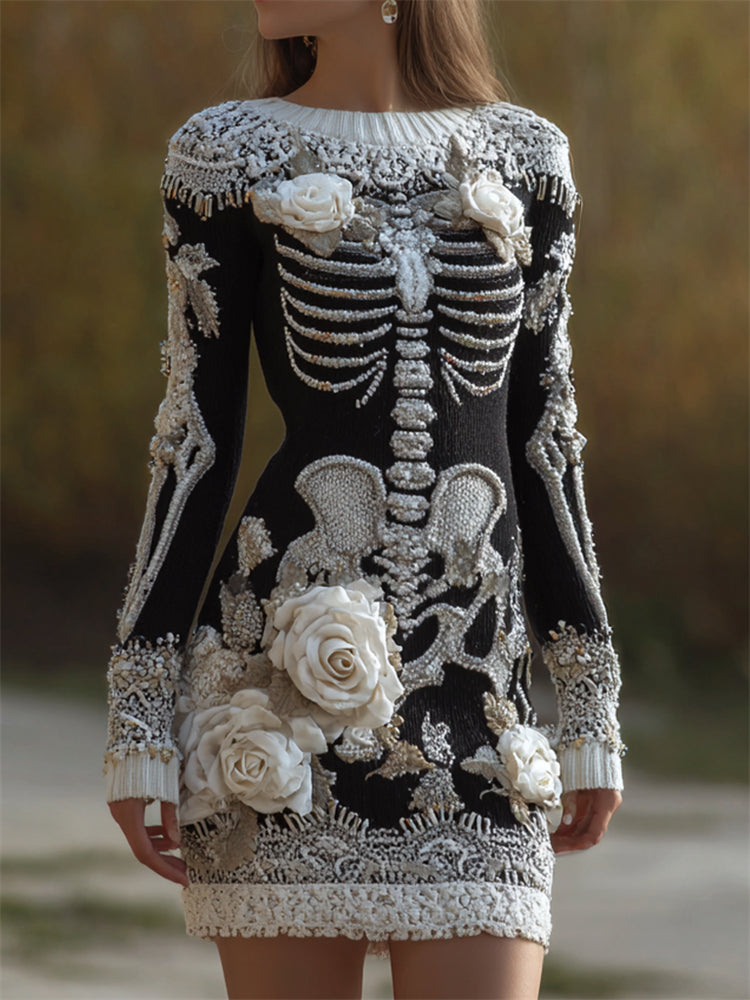Comstylish Vintage Glitter Skeleton White Roses Lace Hem Knit Sweater Dress