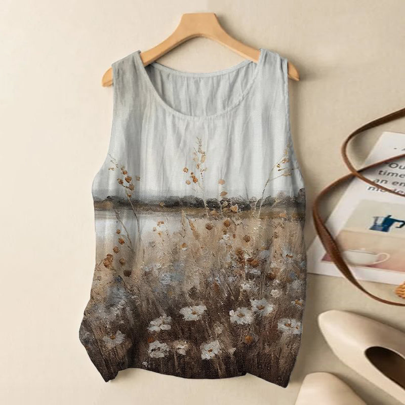 Comstylish Women's Field Landscape Oil Painting Print Casual Tank Top