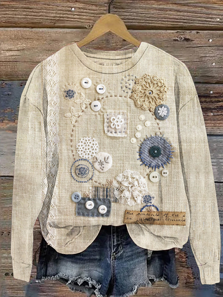 Comstylish Button Floral Applique Embroidery Crafted Women's Casual Sweatshirt
