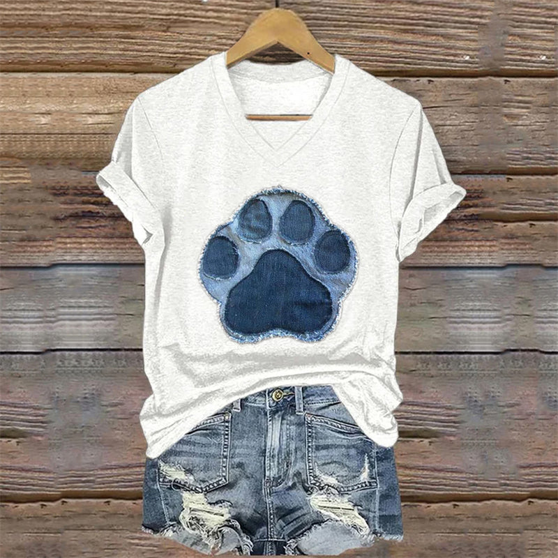 Animal Lover Paw Print Denim Textile Art T Shirt elevenforest
