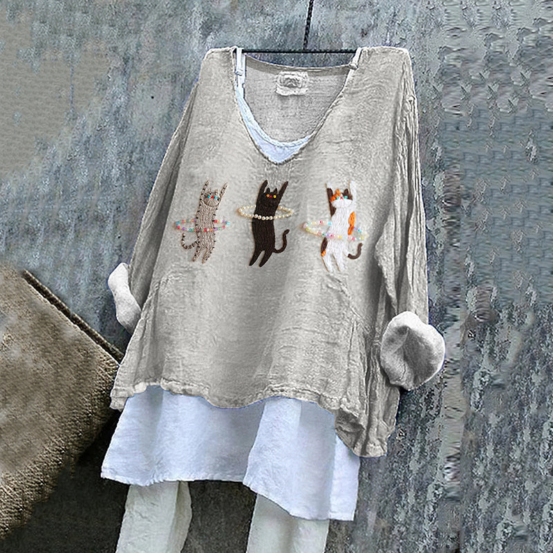 Women's Retro Dancing Cat Art Graphic V-neck T-shirt elevenforest