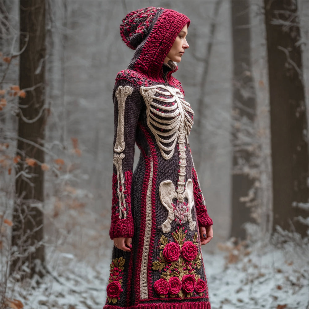 Comstylish Retro Floral & Skeleton Women's Knit Hooded Sweater Dress