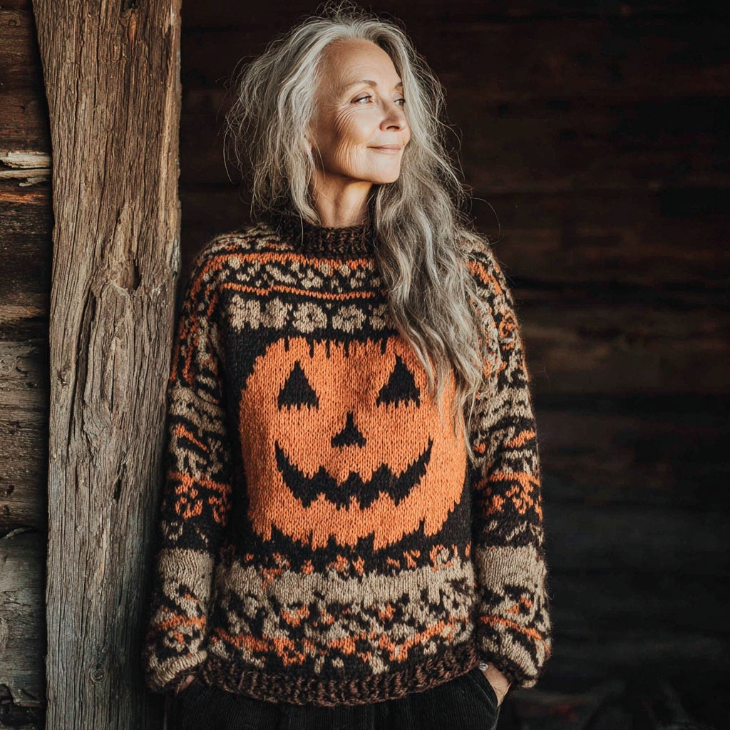 Retro Halloween Pumpkin Face Crew Neck Cozy Sweater artswardrobe