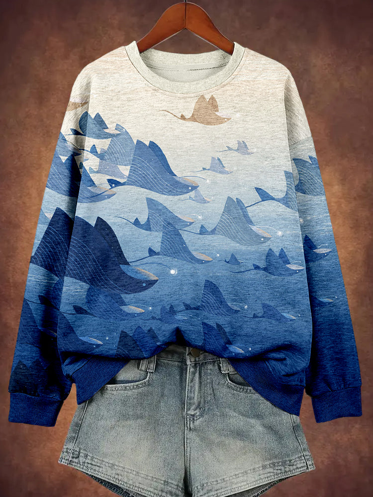 Comstylish Stingray Migration Art Pattern Washed Cozy Sweatshirt