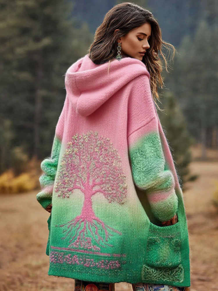 Comstylish Women's Viking Floral And Life Of Tree Art Knitted Cozy Hooded Cardigan