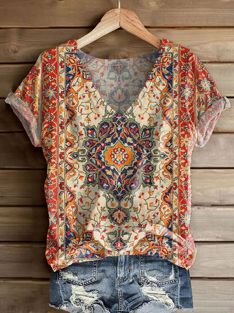 Women's Retro Ethnic Totem Print V-Neck Short Sleeve Cotton T-Shirt