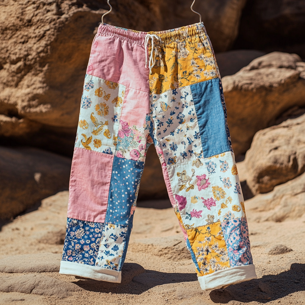 Comstylish Women's Retro Geometric Floral Art Cotton And Linen Casual Pants