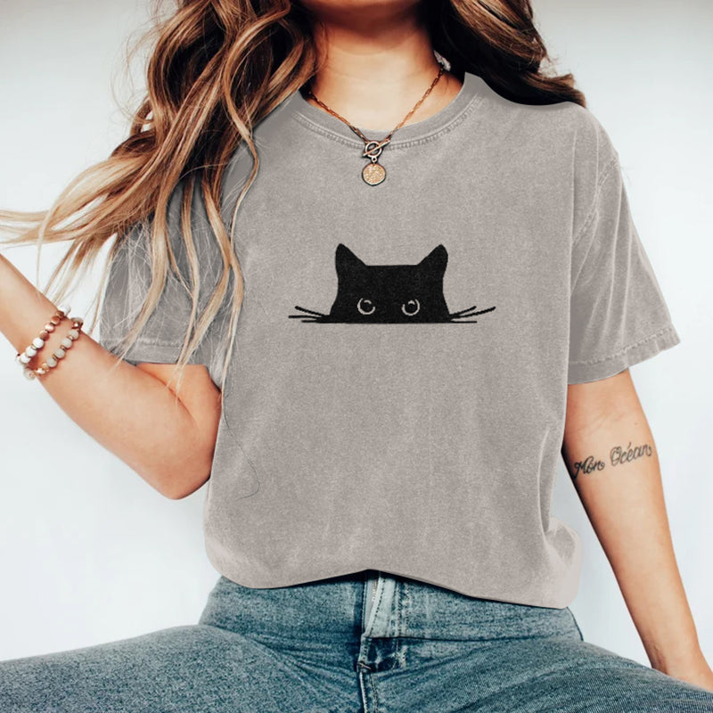 Comstylish Abstract Creative Embroidered Black Cat Art Print T-shirt
