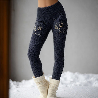Comstylish Cute Cat Face Embroidered Comfy Knit Leggings