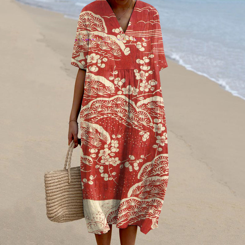 Comstylish Japanese Art Plum Blossom Printed V Neck Casual Midi Dress