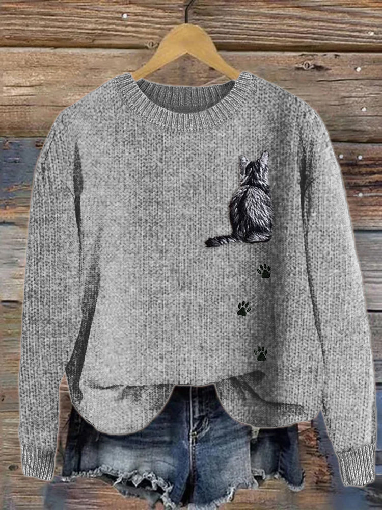 Cat Back View Paw Prints Embroidered Cozy Sweater elevenforest