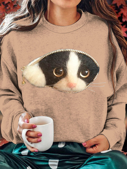 Cute Felt Cat Women's Cozy Sweatshirt elevenforest