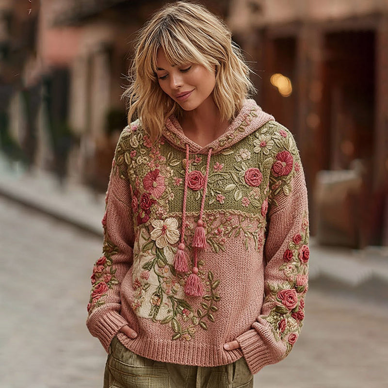 Women's Vintage Rose Floral Patchwork Cozy Knit Sweater Hooded artswardrobe