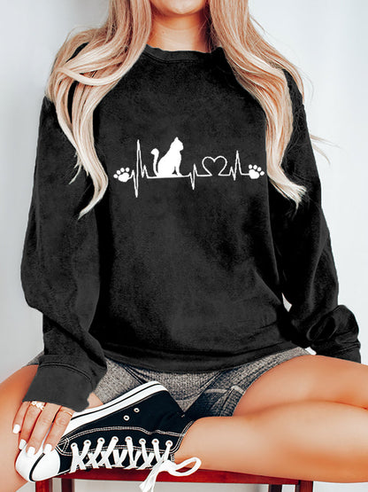 Women's Casual Black Cat Print Sweatshirt elevenforest