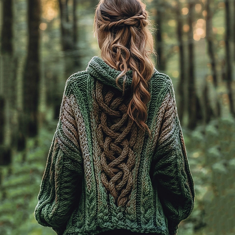 Women's Gradient Celtic Knot Retro Chunky Knit Hooded Cardigan artswardrobe