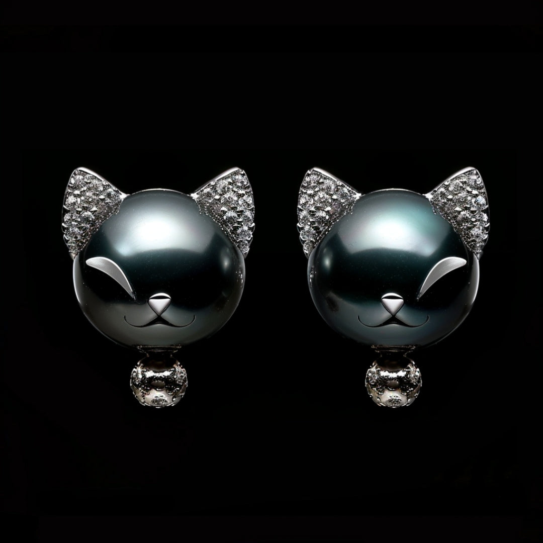 Dark Pearl Kitty Earrings