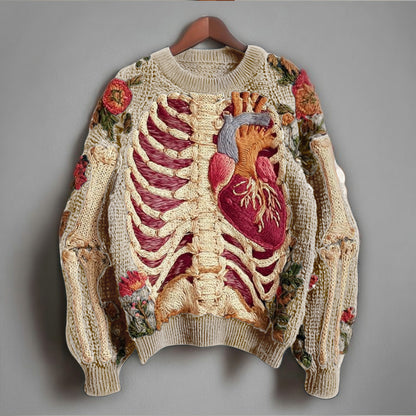 Comstylish Vintage Halloween Human Anatomy Art And Floral Round Neck Sweater