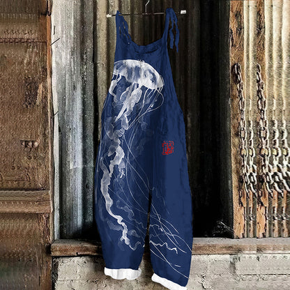 Comstylish Japanese Art Jellyfish Print Casual Linen Blend Jumpsuit