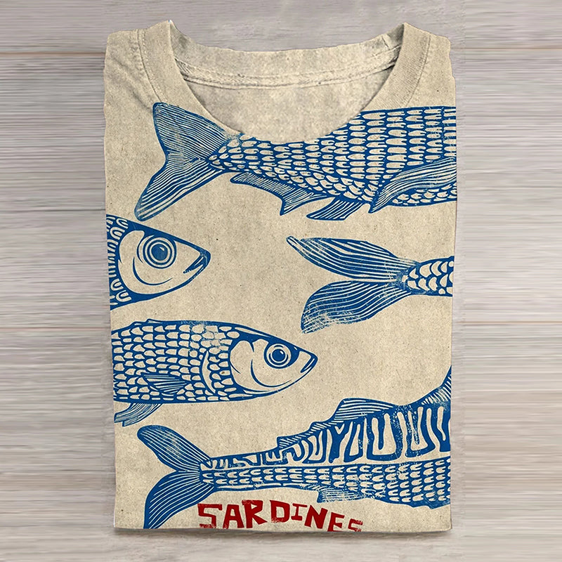 Comstylish Vintage Fish Sardines Art Print Casual T-Shirt
