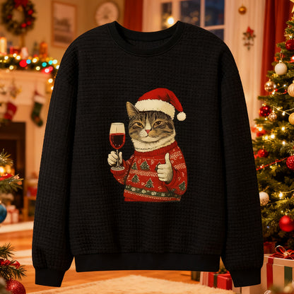 Comstylish Japanese Art Christmas Black Cat Print Waffle Sweatshirt