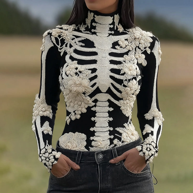 Comstylish Women's Vintage Skeleton & Rose Color Block Art Cozy Sweater
