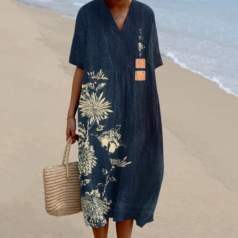 Comstylish Vintage Chrysanthemum Print V-Neck Loose Midi Dress