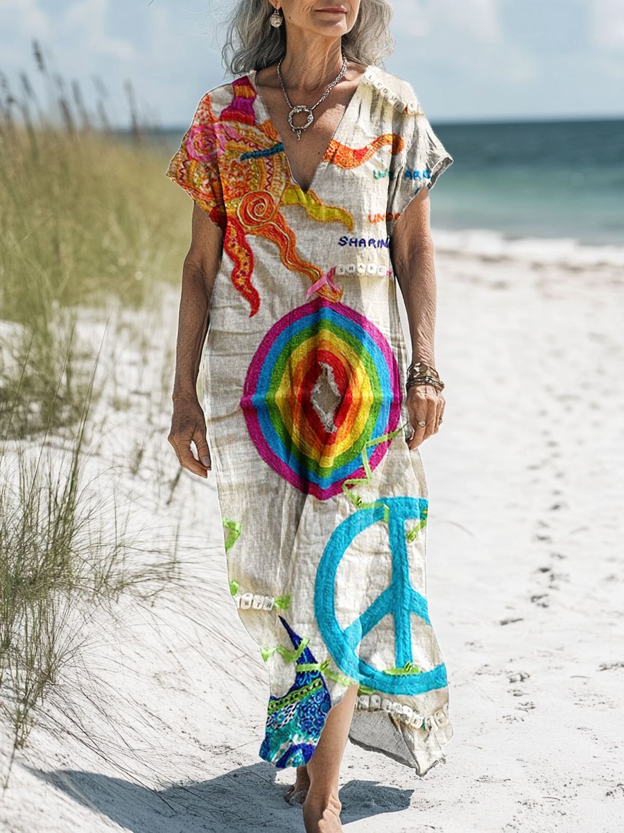 Women's Vintage Hippie Love and Peace Art Print Pocket Cotton Dress