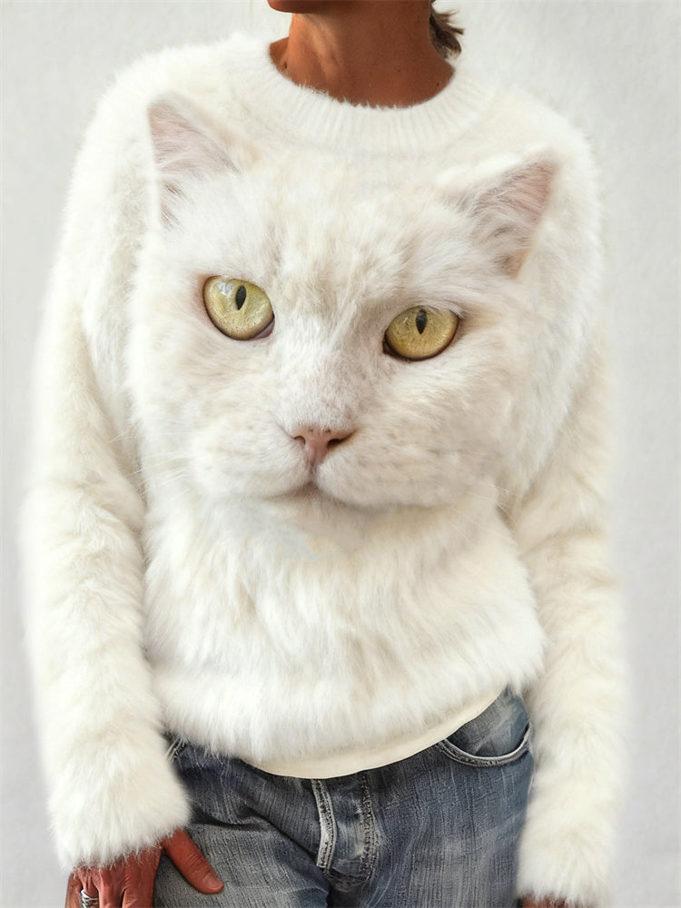 Comstylish Fuzzy White Cat Face Cozy Plush Sweatshirt