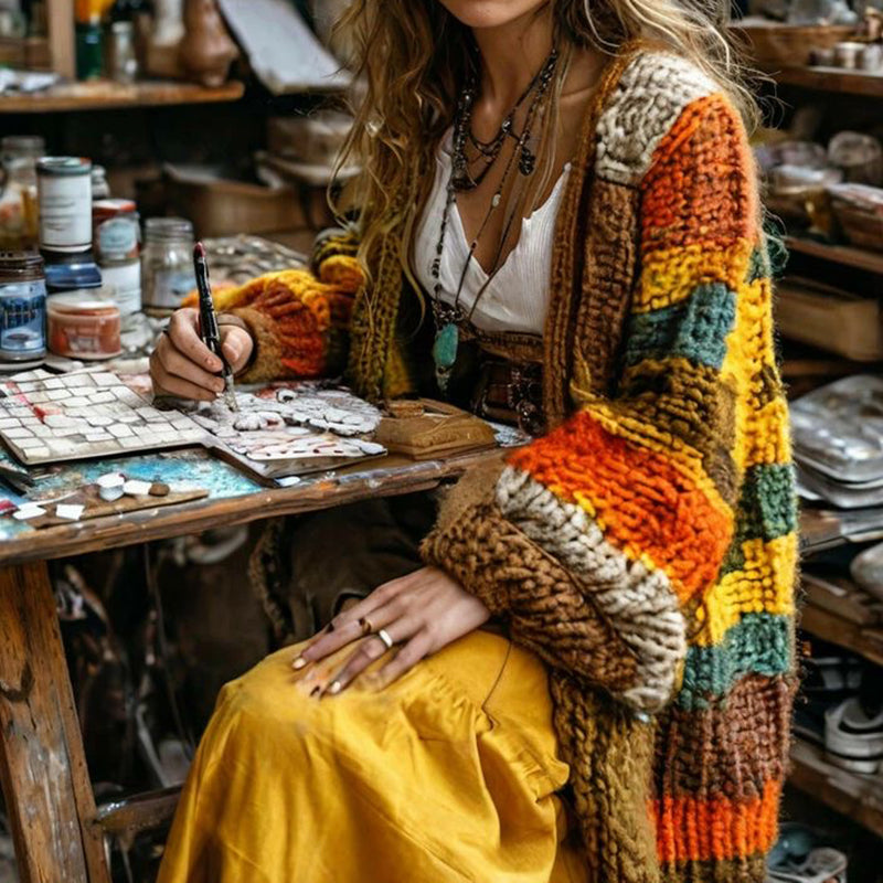 Women's Colorful Patchwork Pattern Print Cardigan artswardrobe