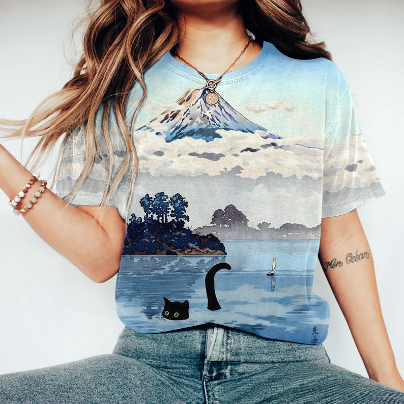 Women's Mount Fuji Cute Cat Casual T-Shirt elevenforest