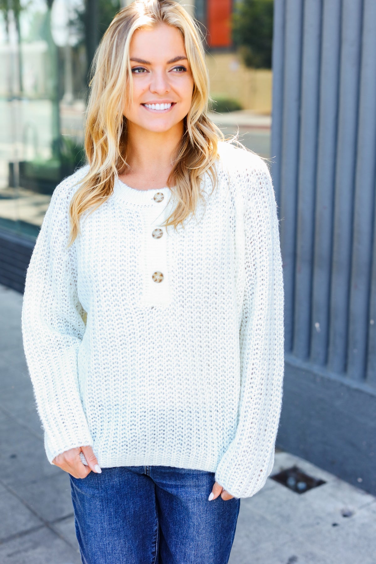 Karina® | White loose knit henley button up sweater