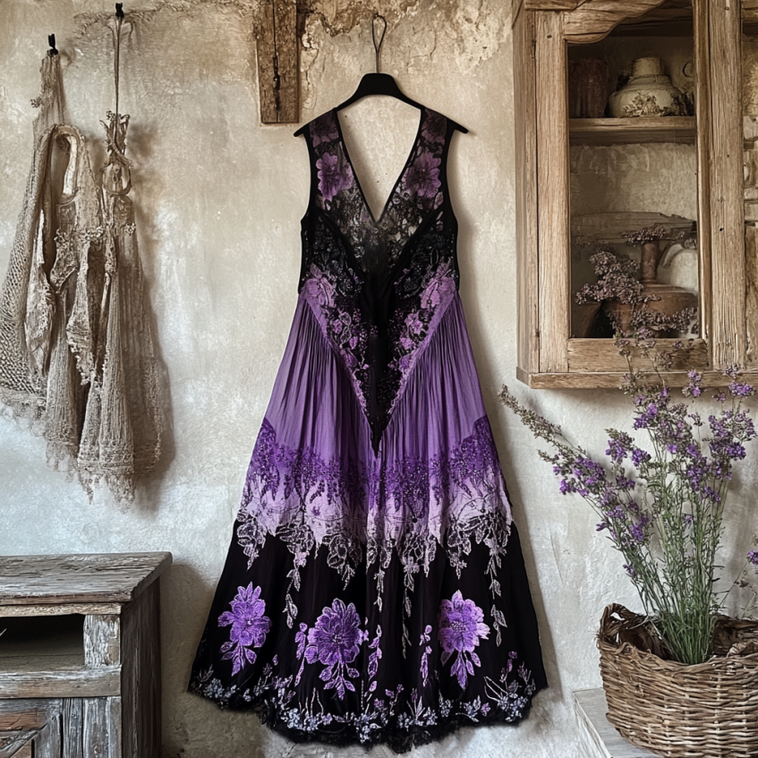 Bohemian Lavender Embroidery Patchwork Art Sleeveless  Cozy Linen Maxi Dress artswardrobe