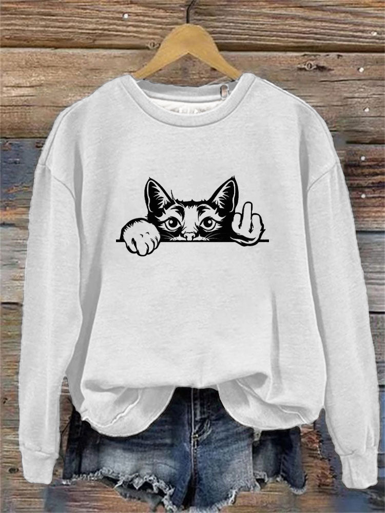 Women's Casual Funny Black Cat Print Sweatshirt elevenforest