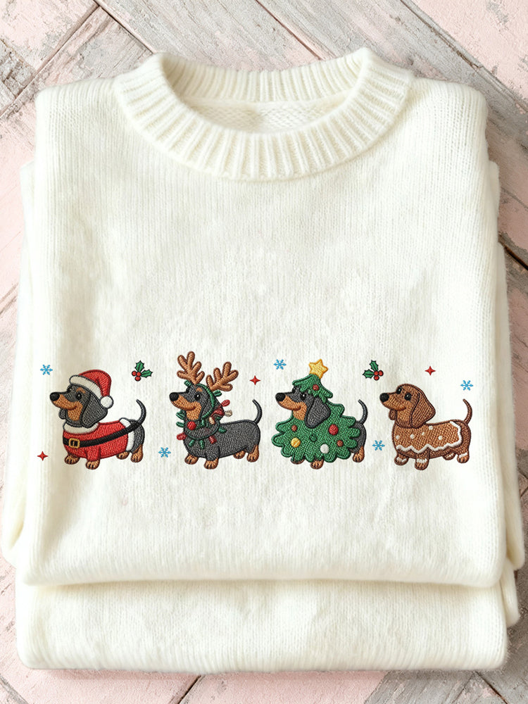 Cute Dachshund Christmas Embroidered Cozy Knit Sweater artswardrobe
