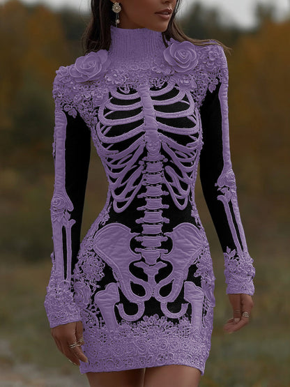 Women's Halloween Skeleton Bones With Rose Art Cozy Knit Turtleneck Mini Sweater Dress artswardrobe