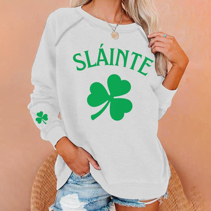 Comstylish St. Patrick's Day Slainte Clover Print Crew Neck Casual Sweatshirt