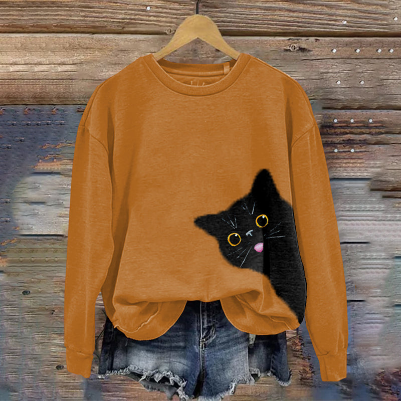 Comstylish Women's Halloween Trick Or Treat Cute Black Cat Cozy Sweatshirt