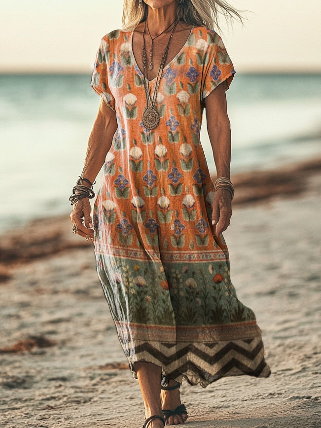 Women's Vintage Boho Floral Art Pattern Print Pocket Cotton Dress