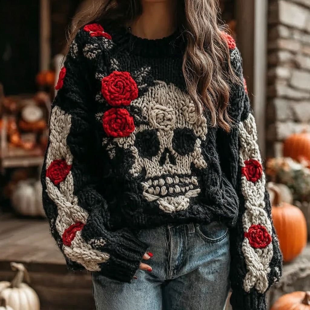 Halloween Skull And Rose Contrast Knitted Cozy Sweater artswardrobe