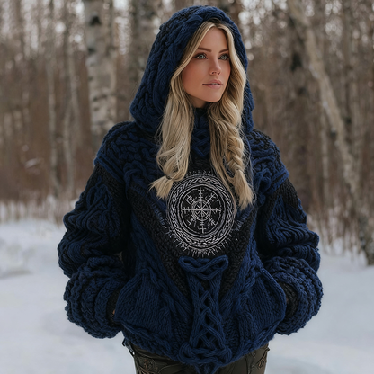 Women's Viking Celtic Knot Vegvisir Rune Knit Hooded Sweater artswardrobe