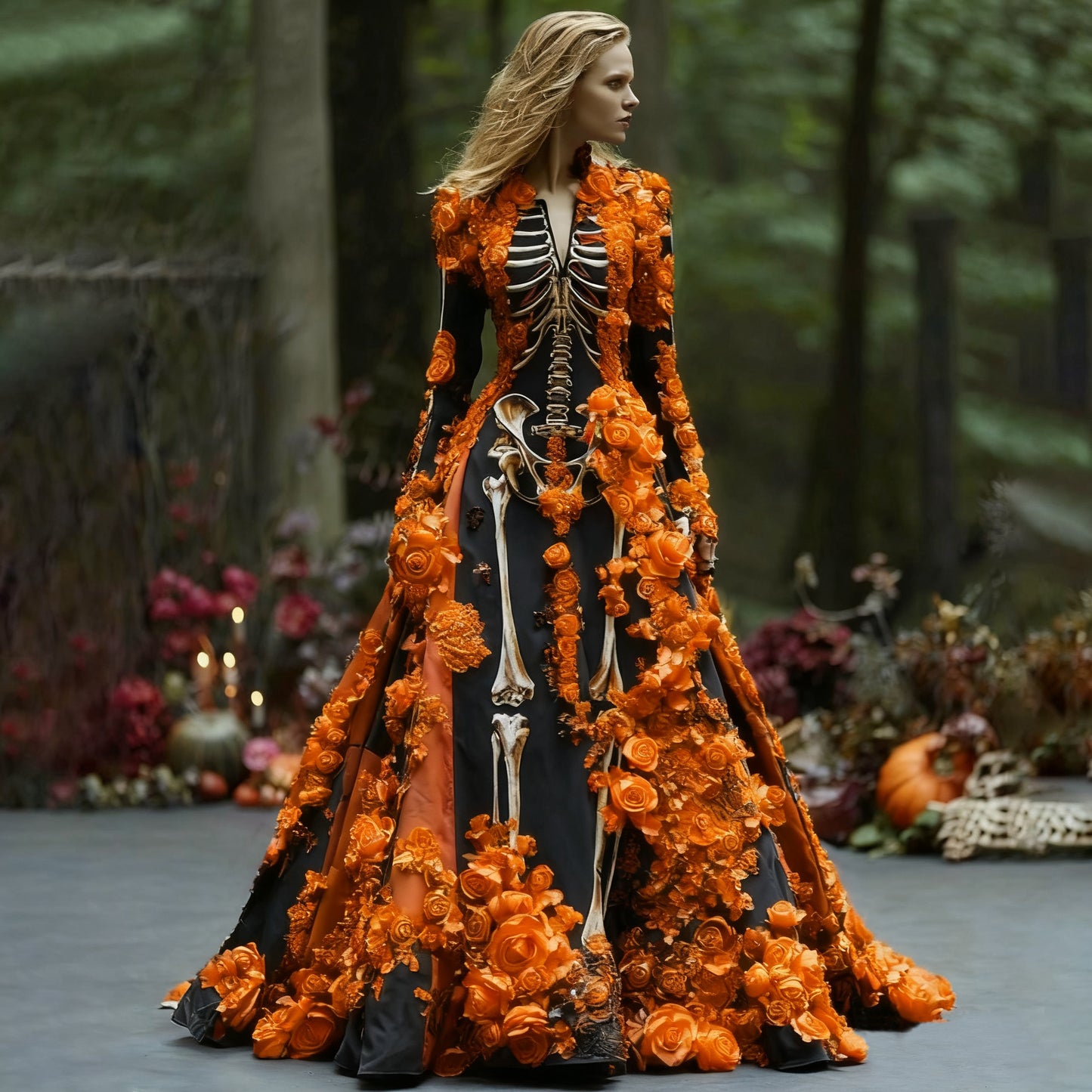 Comstylish Women's Elegant Retro Skull Flower Pattern V-neck Long Sleeve Maxi Dress