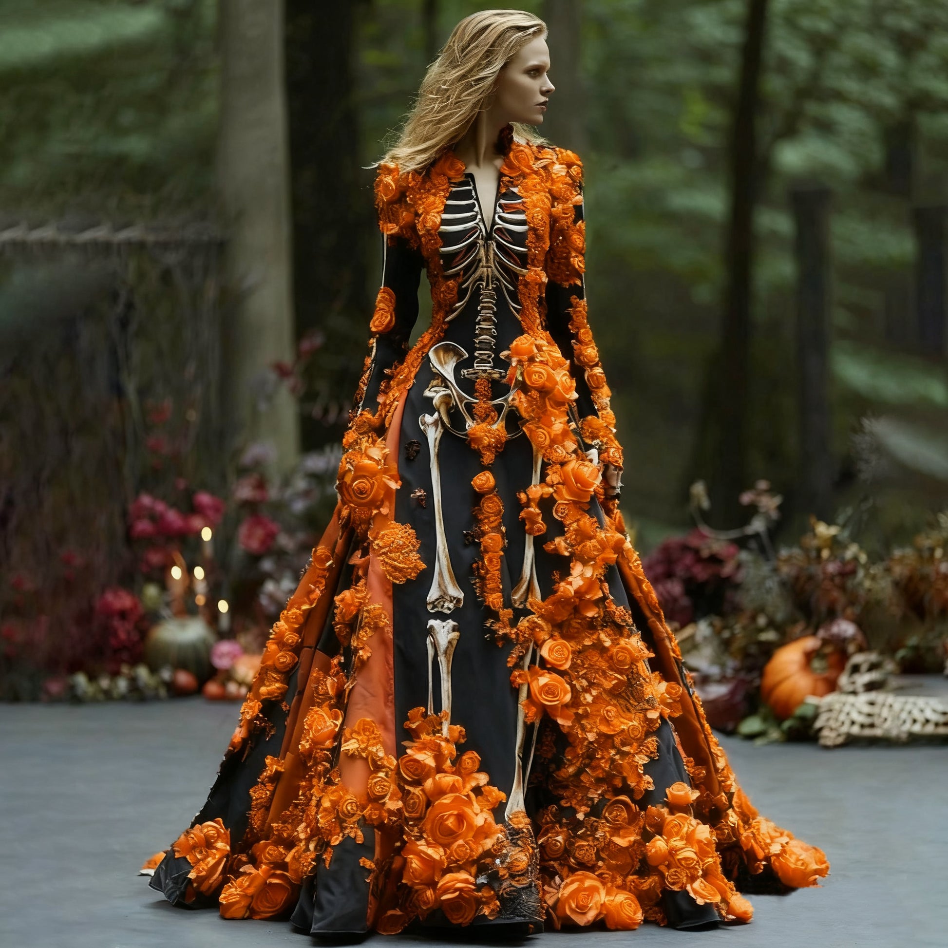 Comstylish Women's Elegant Retro Skull Flower Pattern V-neck Long Sleeve Maxi Dress