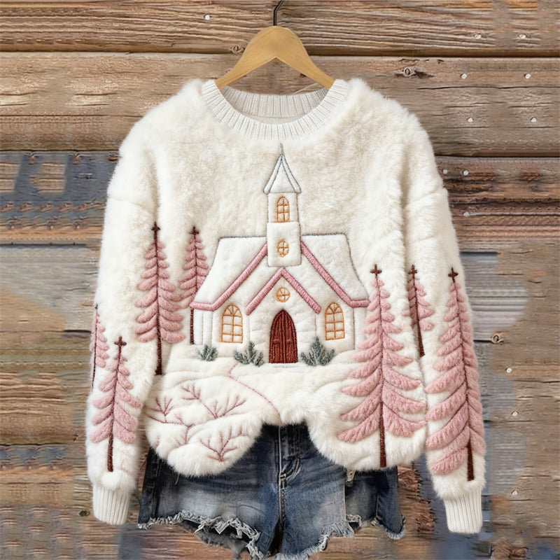 Comstylish Christmas Snowy Church Forest Landscape Embroidered Cozy Plush Sweatshirt