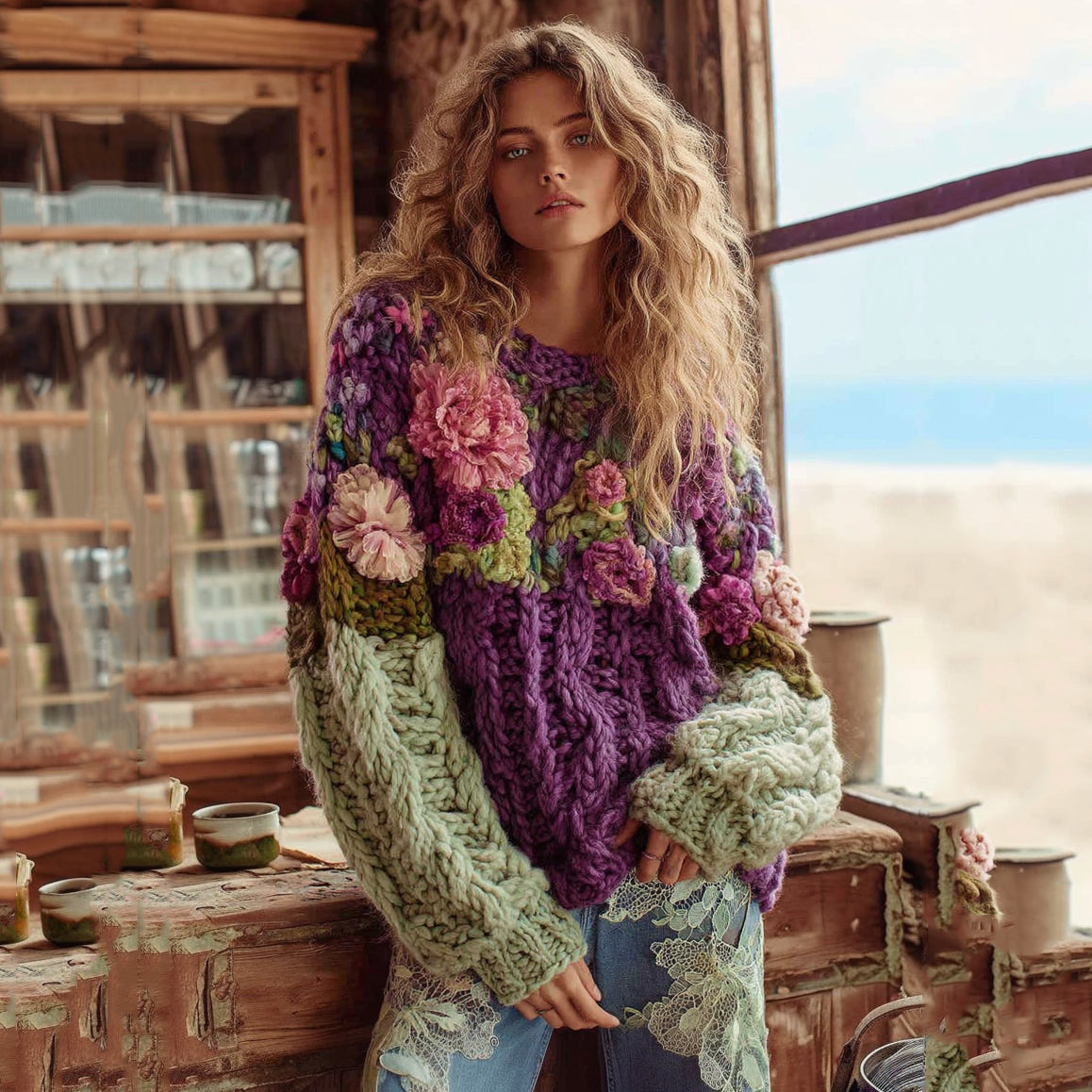 Women's Bohemian Chunky Knit Crochet Floral Contrast Sweater artswardrobe