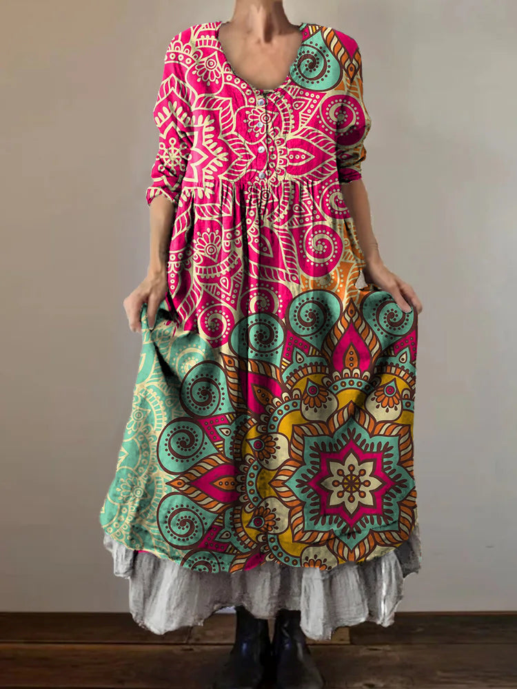 Women's Vintage Floral Art Print V-Neck Button Pocket Cotton Dress