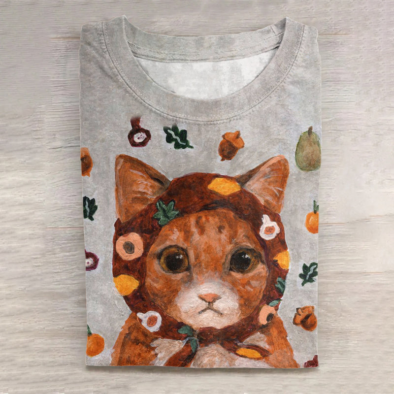 Abstract Creative Cat Family Fashion Cute Babushka Fruit Cat Art Print Cotton Graphic T-shirt elevenforest
