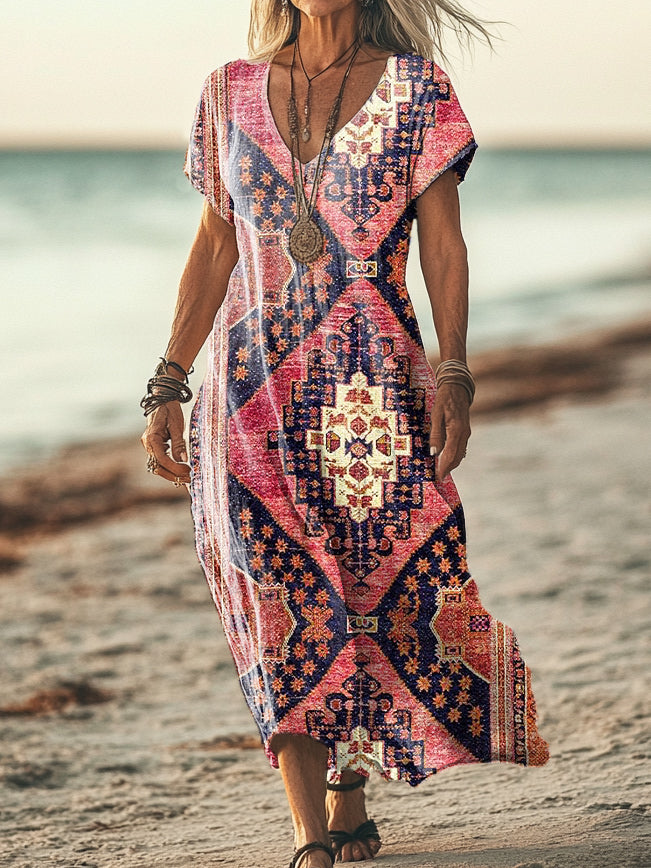 Women's Vintage Ethnic Floral Art Print Pocket Cotton Dress