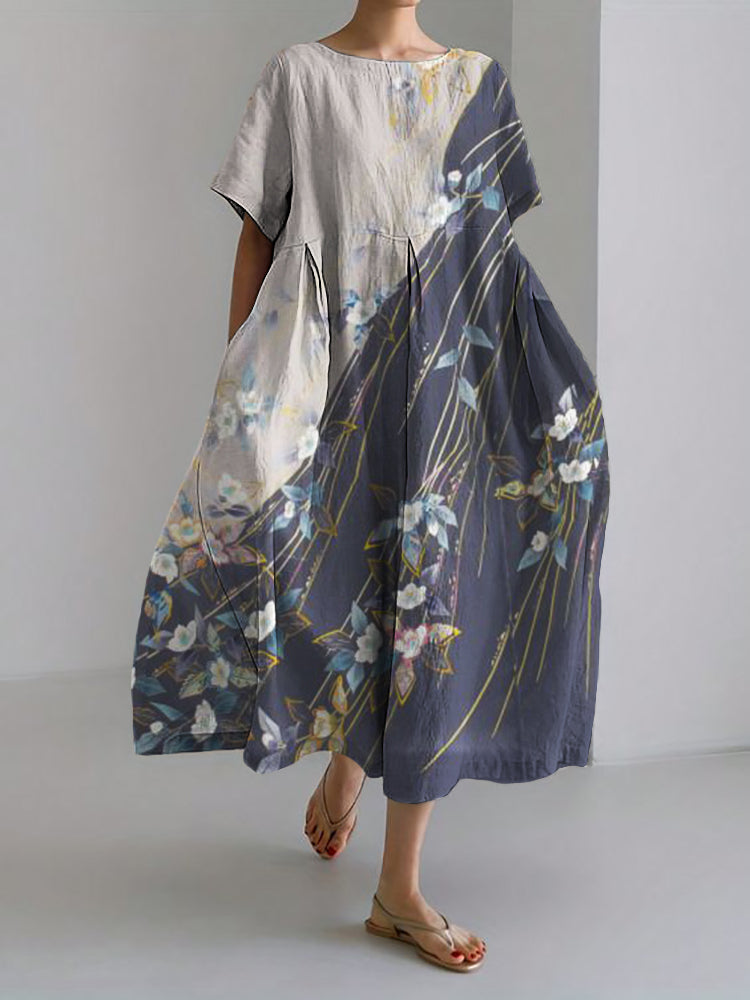 Comstylish Classy Floral Contrast Japanese Linen Blend Maxi Dress