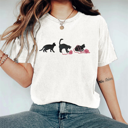 Comstylish Lovely Black Cats With Pink Yarn Embroidered Washed T Shirt